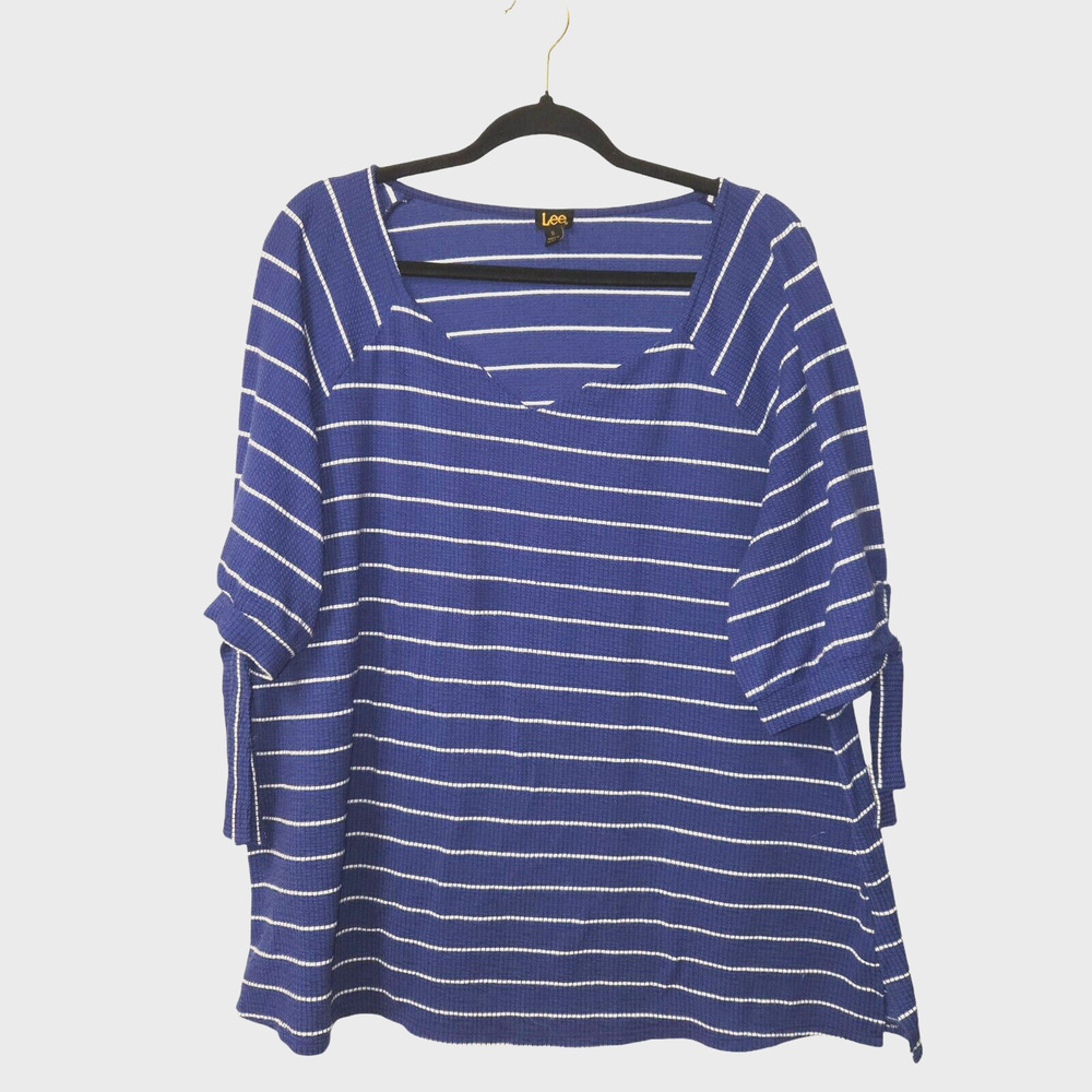 Lee‎ Womens 1X Top 3/4 Tie Sleeve Blue White Striped Pullover Stretch Nautical